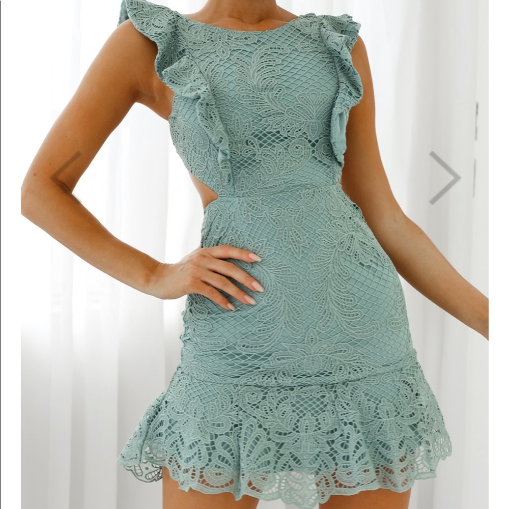 Selfie Leslie Jackie Pinafore Lace Dress Sage